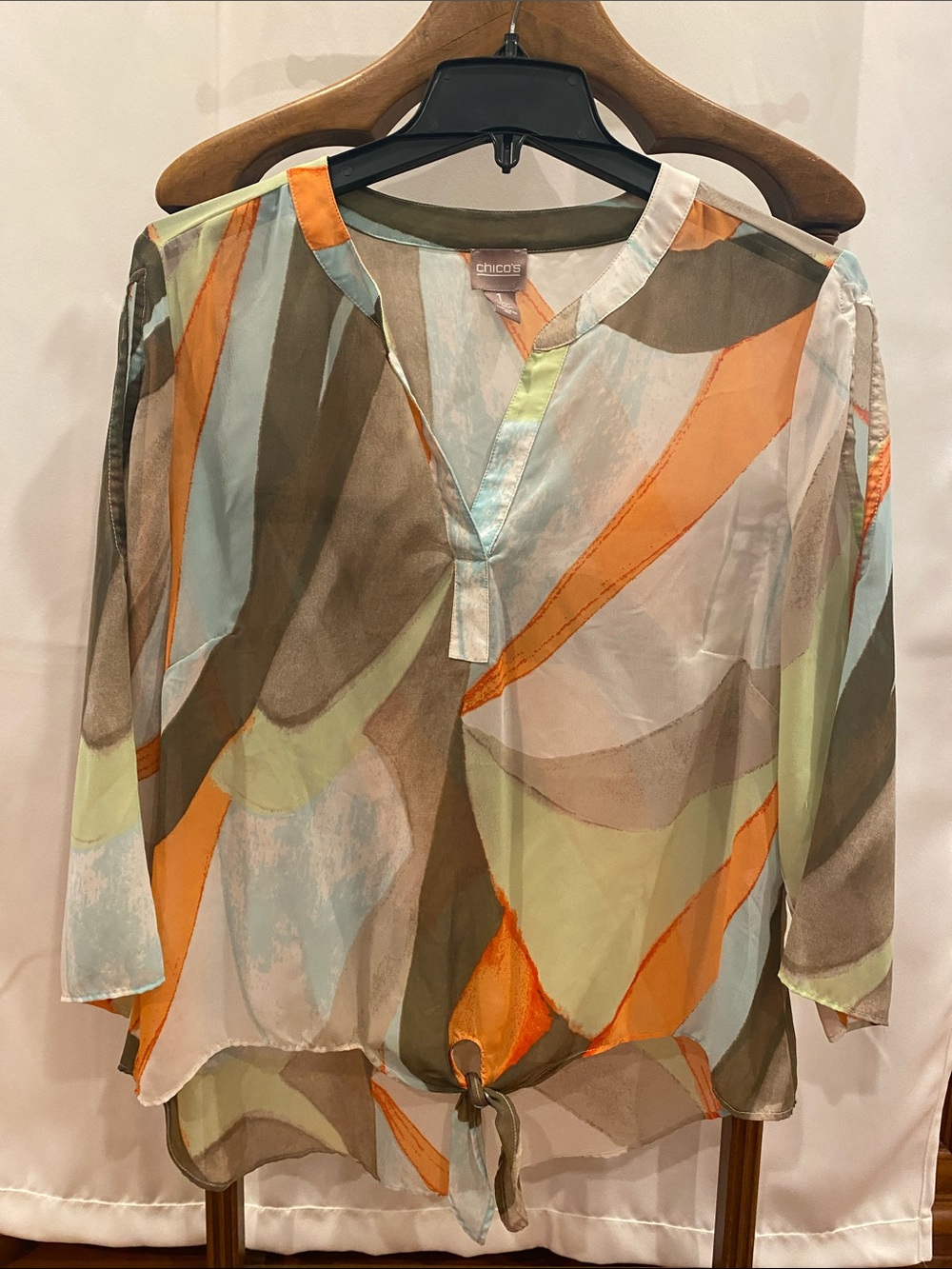Chico's Abstract Print Tie-Front Blouse in Orange, Olive & Turquoise Blue